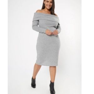 Plus Gray Off The Shoulder Hacci Knit MIDI Dress